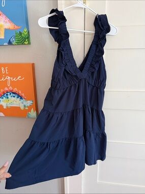 Ruffled V-Neck Mini Dress in Navy